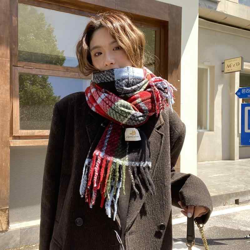 マフラー レディース 秋冬 高級感 百搭 あったか ストール 格子柄 ショール アンゴラ 赤(4.0)