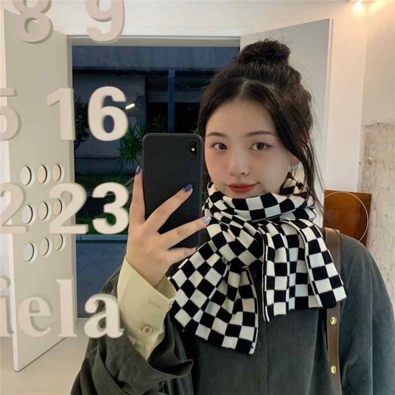 マフラー レディース 黒白 格子柄 韓国風 秋冬 学生 かわいい あったか ニット ストール ロング丈