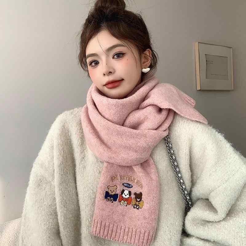 マフラー レディース かわいい 小熊 刺繍 ニット 高級感 保温 防寒 学生 秋冬 毛糸2