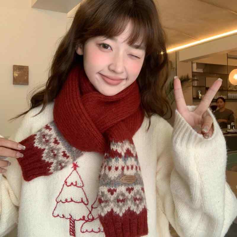 Other - マフラー レディース 秋冬 フェアアイル柄 クリスマス ニット 韓国風 かわいい 暖かい 防寒 首巻き レッド系