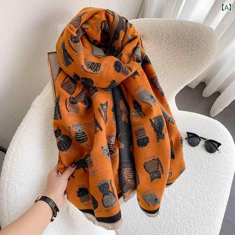 マフラー レディース 秋冬 かわいい 猫柄 ファッション 暖かい 防寒 学生 ウール ショール ストール
