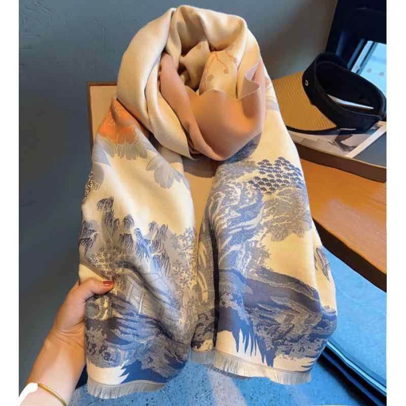マフラー レディース 秋冬 ショール 大判 ストール 和柄 山水画風 学生 かわいい 暖かい