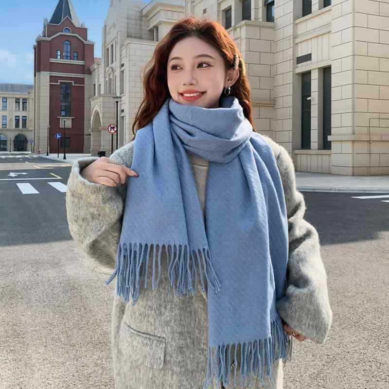 マフラー レディース 秋冬 韓国風 厚手 あったか ウール ショール ストール 高級感 無地 スモーキーブルー 普段使い 防寒 アクセサリー