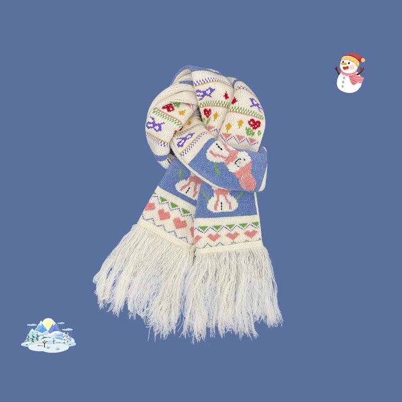 マフラー レディース ニット 雪だるま ジャカード 秋冬 防寒 ショール ストール フリンジ かわいい あたたかい