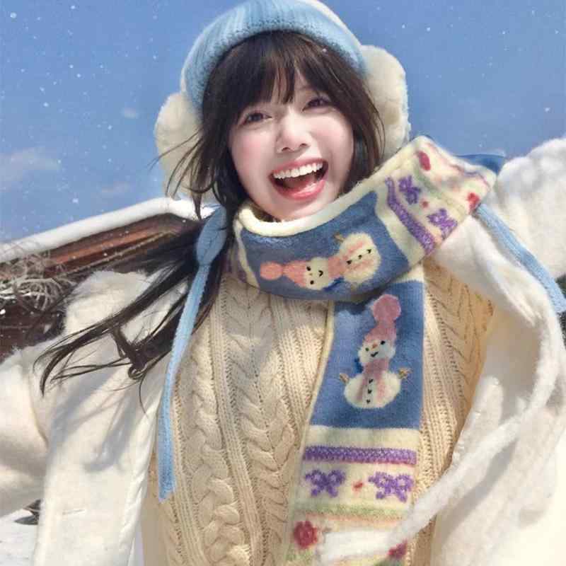 マフラー レディース かわいい 雪だるま柄 ジャカード 秋冬 防寒 あったか ストール ショール 膝掛け ひざかけ