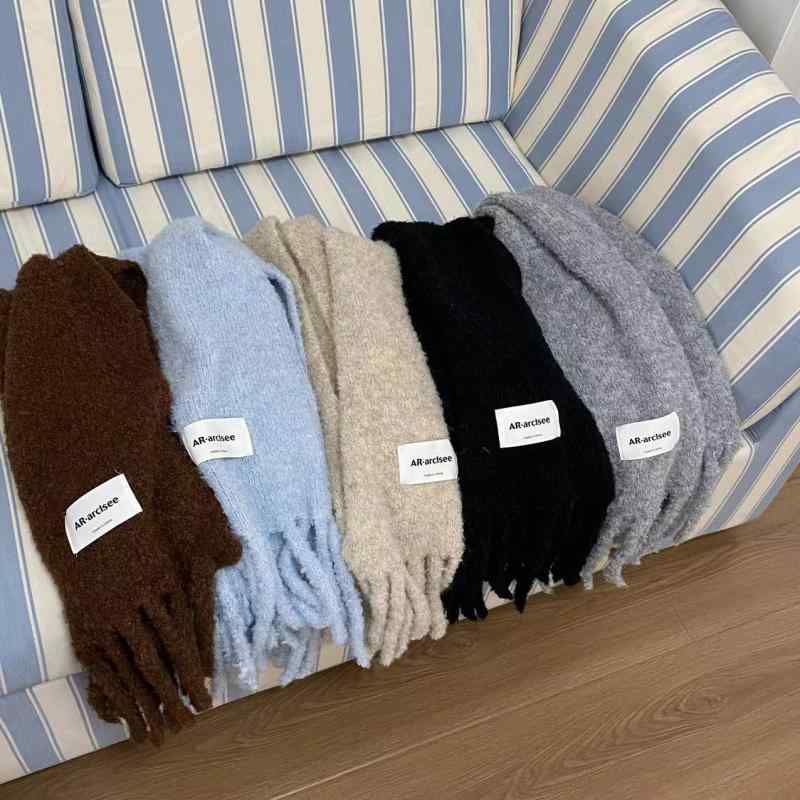 マフラー レディース 秋冬 ウール混紡 モヘア あったか ストール マカロンカラー 厚手 チャンキーニット 粗編み フリンジ ショール2