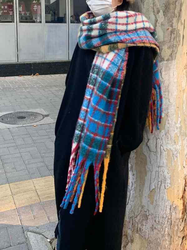 マフラー レディース 秋冬 韓国風 モヘア 厚手 暖かい 学生 ショール レインボー チェック柄 かわいい 防寒