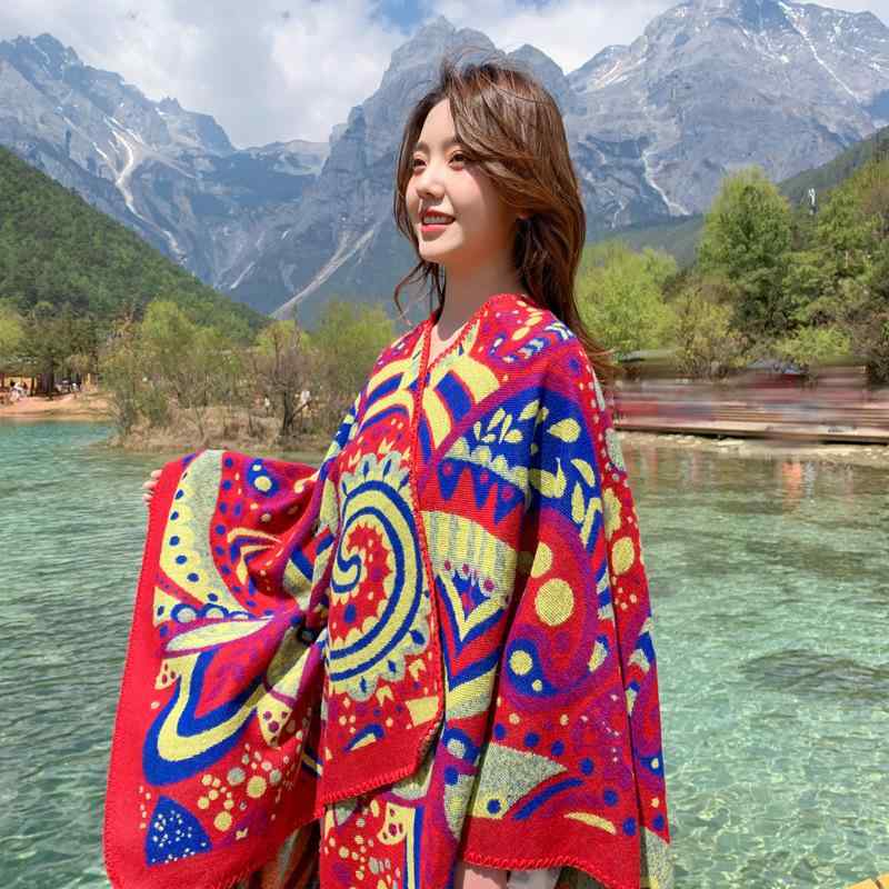 For Women - ストール レディース 大判 ショール 民族風 旅行 ケープ ポンチョ 秋冬 防寒 あったか ひざ掛け ブランケット エスニック マルチカラー
