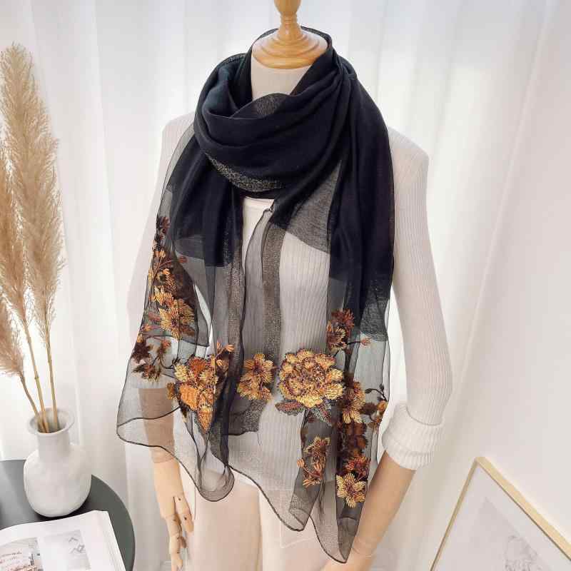 マフラー レディース 高級感 シルク ウール 混紡 刺繍 ストール 手刺繍 ショール2