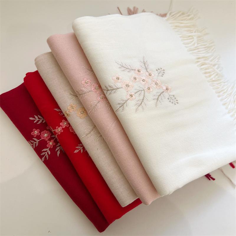 For Women - マフラー レディース 秋冬 仿羊绒 刺繍 ストール ショール 纯色 保温 防寒 百搭 大判 厚手 アウター