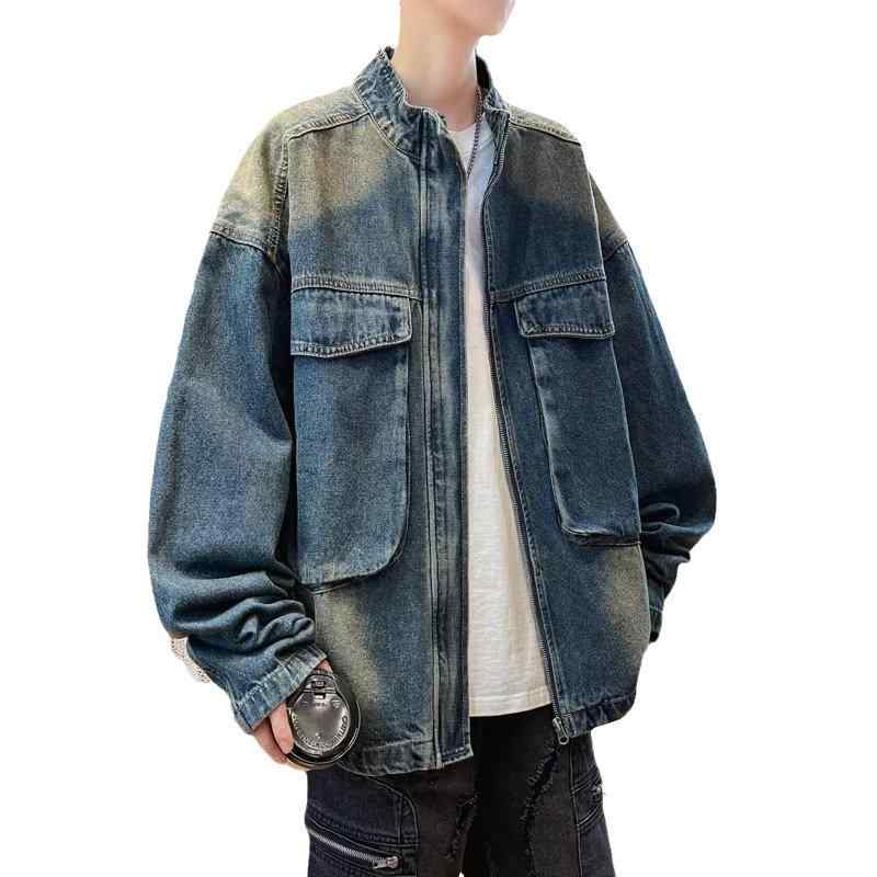 Other - ジャケット 男性用 デニム 秋冬 レトロ ビッグシルエット 立襟 ジップアップ ブルゾン ジャンパー アウター カジュアル 普段使い