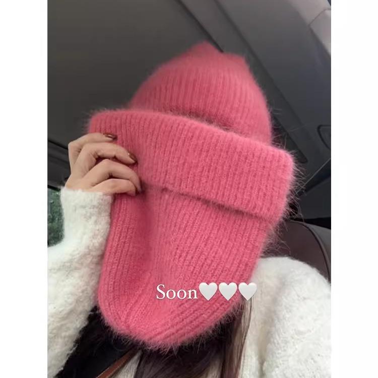 帽子 レディース 秋冬 ニット帽 ウサギ モヘア風 防風 暖かい 小顔効果 伸縮性 かわいい ピンク系