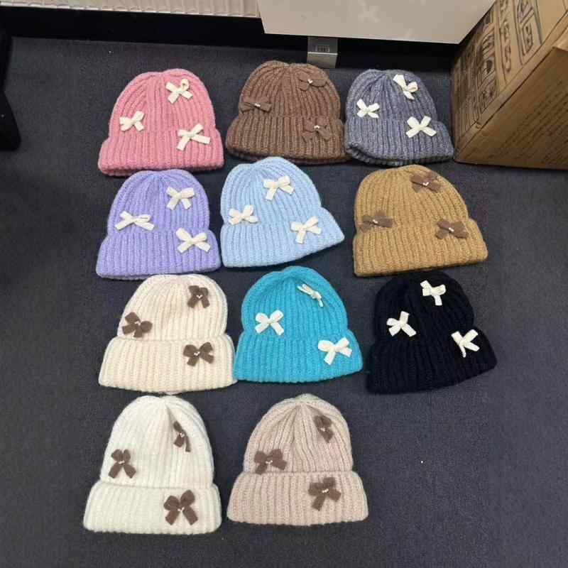 ニット帽 レディース 秋冬 暖かい パール バタフライ リボン ウール 帽子 かわいい おしゃれ 赤