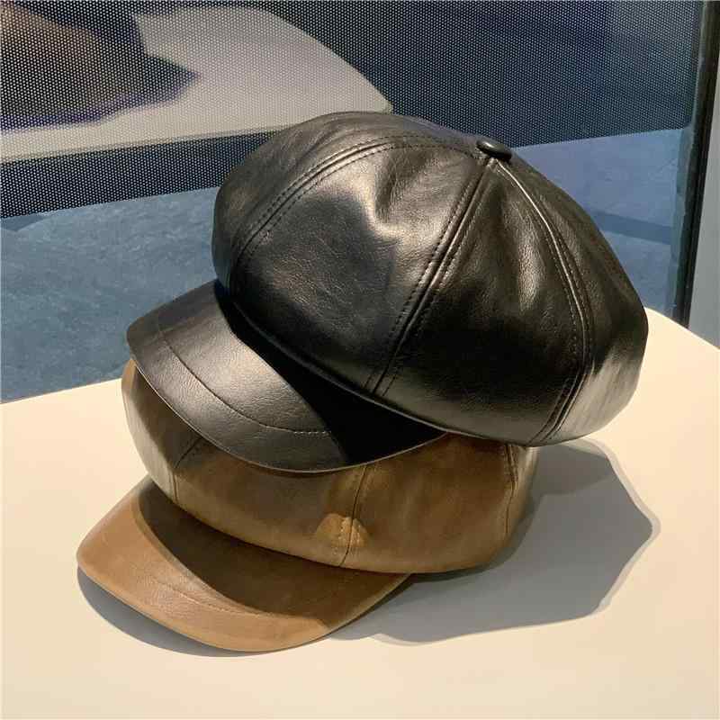 帽子 レディース 秋冬 PUレザー レトロ 八角帽子 防水 防寒 ベレー帽 画家帽 皮帽2