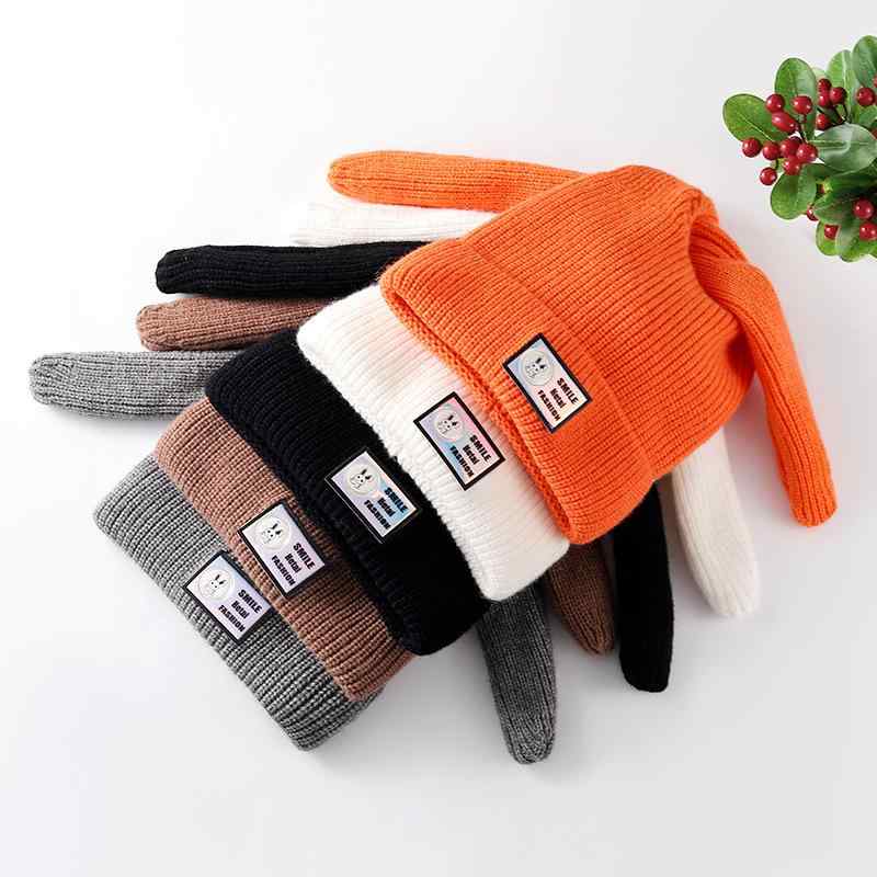 ニット帽 レディース かわいい 秋冬 保温 暖かい ウサギ耳 毛糸 針編み ロゴ パッチ付き 防寒2