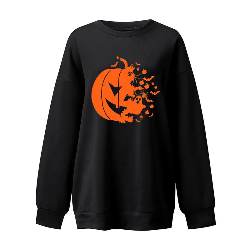トップス レディース ハロウィン かぼちゃ柄 トレーナー スウェット プルオーバー ドロップショルダー ラウンドネック 長袖 オレンジ 普段使い かわいい 暖かい 裏起毛