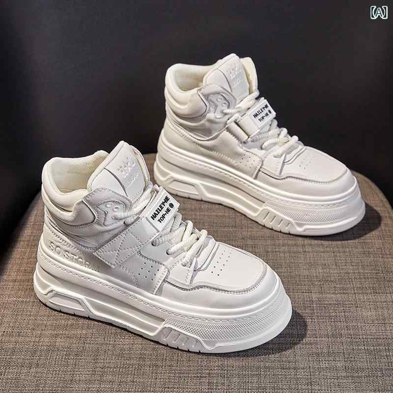 靴 レディース 厚底 スニーカー 牛革 ハイカット レースアップ カジュアル スポーツ 普段使い ウォーキング 運動靴 クッション性 滑り止め 黒 白 春秋 2