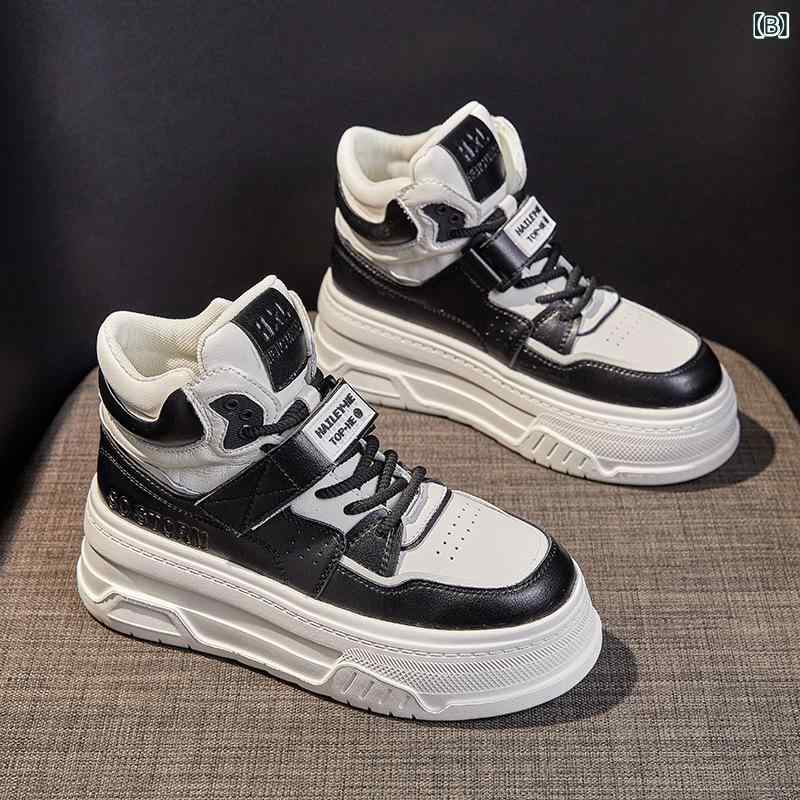 靴 レディース 厚底 スニーカー 牛革 ハイカット レースアップ カジュアル スポーツ 普段使い ウォーキング 運動靴 クッション性 滑り止め 黒 白 春秋 3