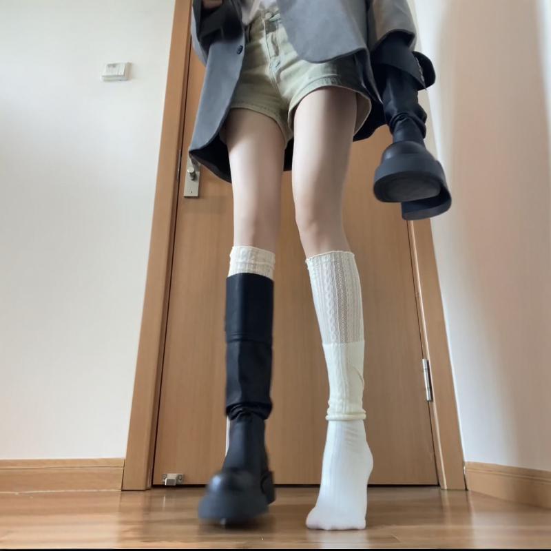 靴下 レディース ニーハイソックス 綿 混紡 やわらかい リブ 編み 美脚 伸縮 性 縦縞 切り替え ミドル 丈 ニーハイ レッグウォーマー