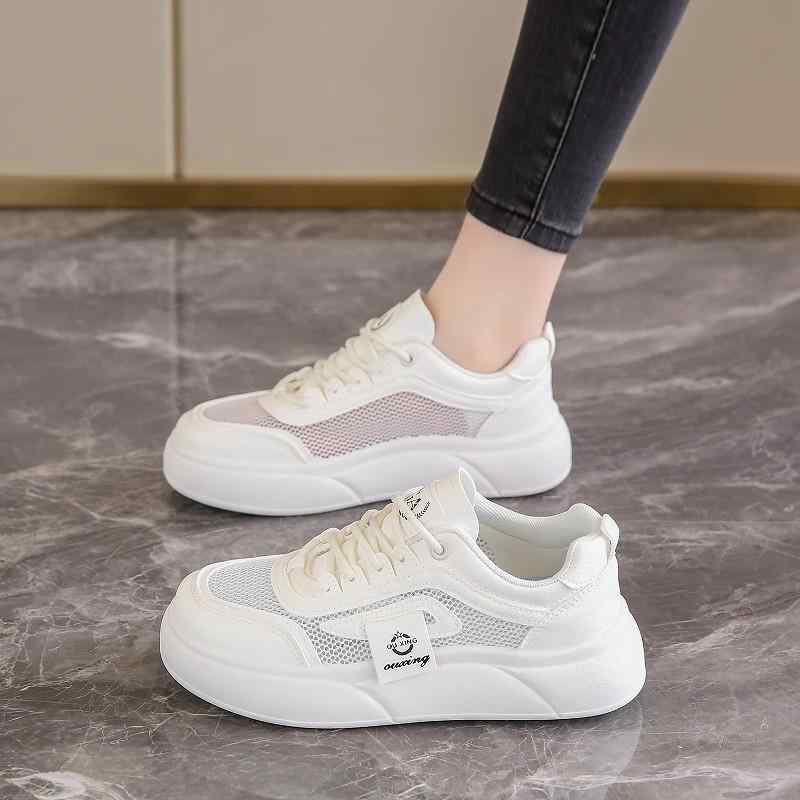 スニーカー レディース 妊婦 镂空 スポーツシューズ フラット 通気性 メッシュ 軽量 ローカット 普段使い かわいい 白(4.0)