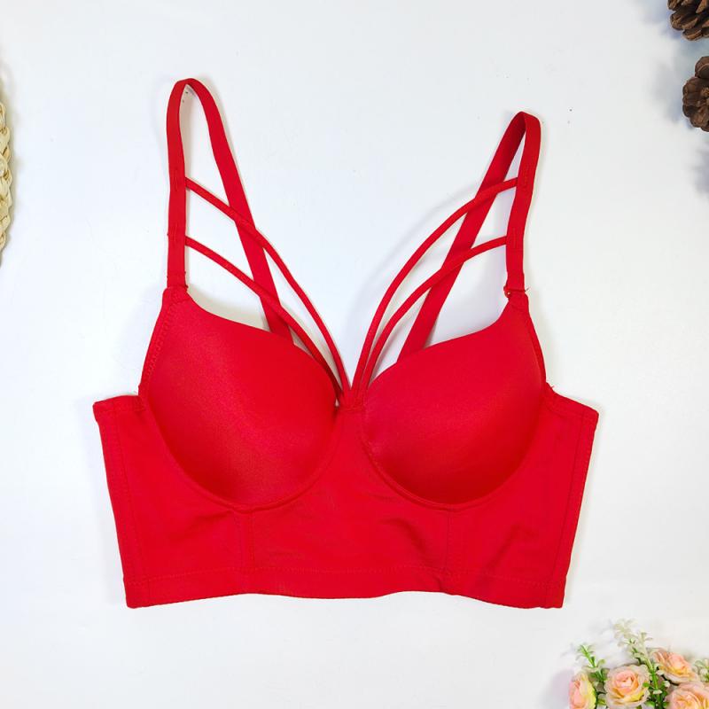 ブラジャー レディース 一体型 固定カップ 魚骨 美背 クロスバック 見せブラ 細ストラップ セクシー ランジェリー インナー