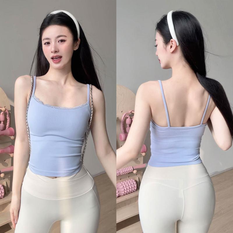 ブラトップ レディース 細ストラップ 一体型パッド インナー シームレス スポーツ ヨガ フィットネス ウェア ランニング トレーニング 再生繊維 接触冷感 ストレッチ