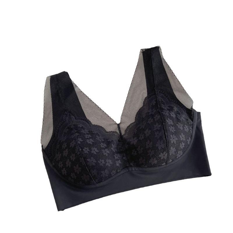 ブラジャー &amp; ショーツ レディース 法式 碎花 レース 補正下着 固定 一体型 乳胶 カップ パッド U..