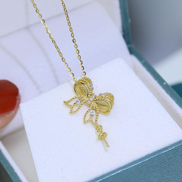 Moonstone - DIYパーツ シルバー925 レトロ アンティーク調 透かし 彫刻 リボン バタフライ 蝶 ペンダント ネックレス チャーム パール 空枠 金具 アクセサリーパーツ シルバートップ ネックレス用