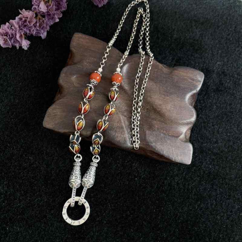 ネックレス レディース s925 シルバー 焼付け 藍色 花 南紅瑪瑙 中国風 ペンダント ロングネックレス セーターチェーン アクセサリー・カラー: 花苞南红・スタイル: 民族風.文芸復古・製品カテゴリ: ネックレス・チェーン長さ: 60...