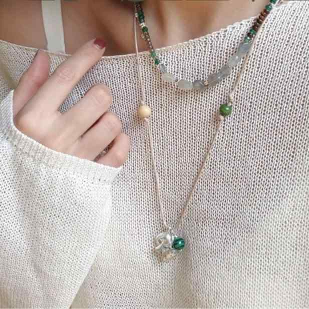 绿色 - ネックレス レディース レトロ エレファント ペンダント トーテム 象モチーフ ウッドビーズ 編み込み ヘーゼルナッツ ロングネックレス 豪華感 ボヘミアン フォークロア