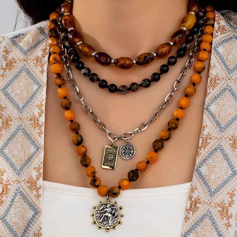 ネックレス レディース レトロ チョーカー 多層 チェーン ビーズ 電気メッキ加工 豪華感 アクセサリー