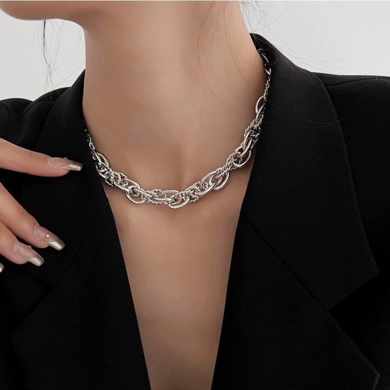 Cubic Zirconia - ネックレス レディース シルバー メタル 太め 鎖骨チェーン ショートネックレス チョーカー レトロ 豪華感 アクセサリー
