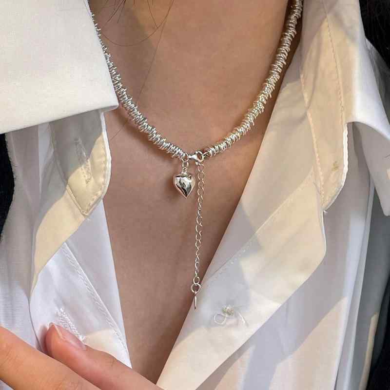 Cubic Zirconia - ネックレス レディース シルバー925 立体 ソリッド 愛 ハート ペンダント 韓国 豪華感 銀 リング サークル チョーカー ラッキーアイテム アレルギー対応