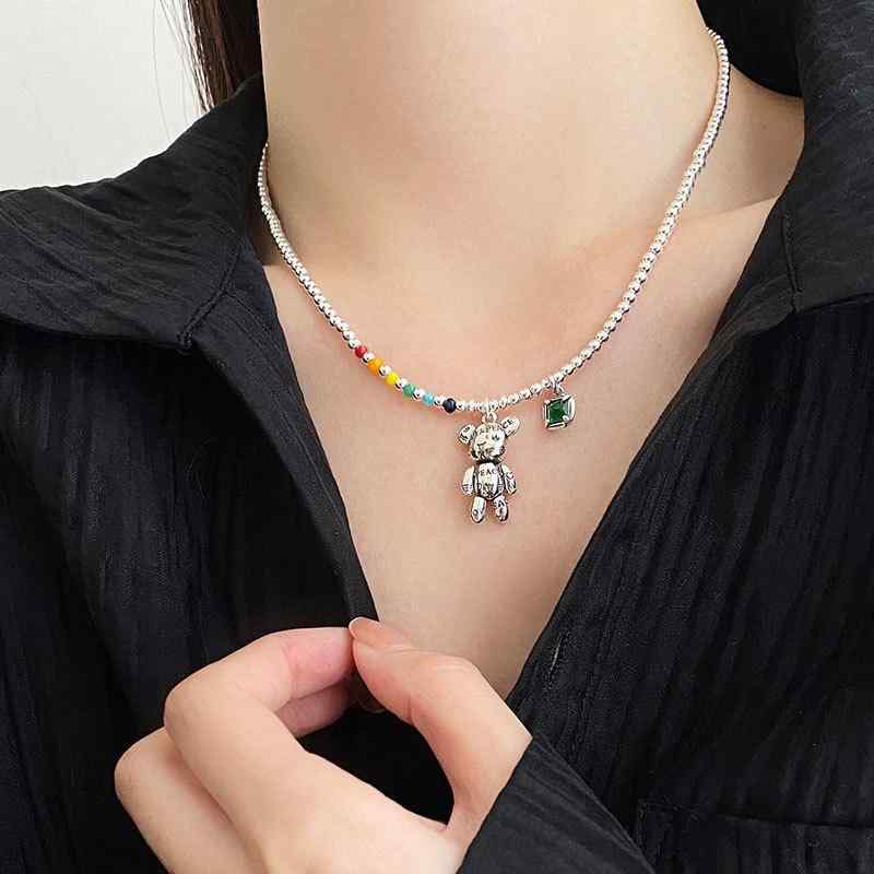 ネックレス レディース S925 シルバー かわいい カートゥーン ベア レトロ マカロンカラー チョーカー セーターチェーン ペンダント カジュアル