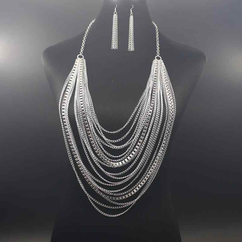 ネックレス &amp; イヤリング レディース 多層 アルミチェーン フリンジ ロング メタル チェーン 大ぶり アクセサリー