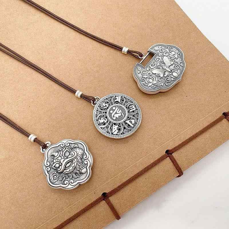 ネックレス シルバー999 銀ペンダント 中国風 復古 レトロ 古法 花模様 透かし 六字真言 ペンダントト..