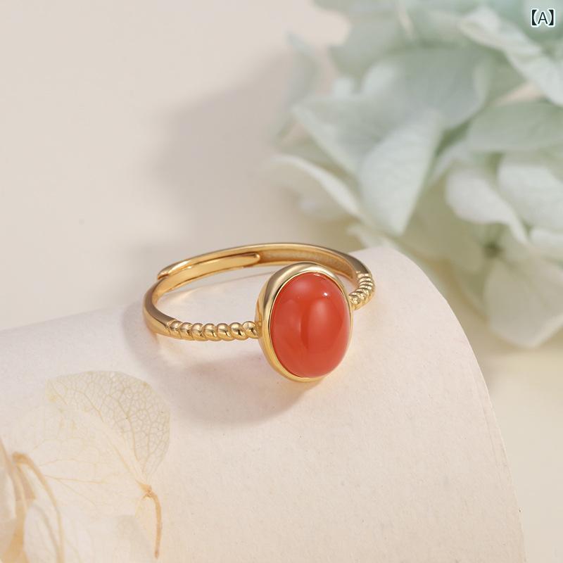 指輪 レディース s925 シルバー 南紅 ジルコニア 卵型 オープンリング 電気メッキ加工 フリーサイズ シルバーリング リング アクセサリー