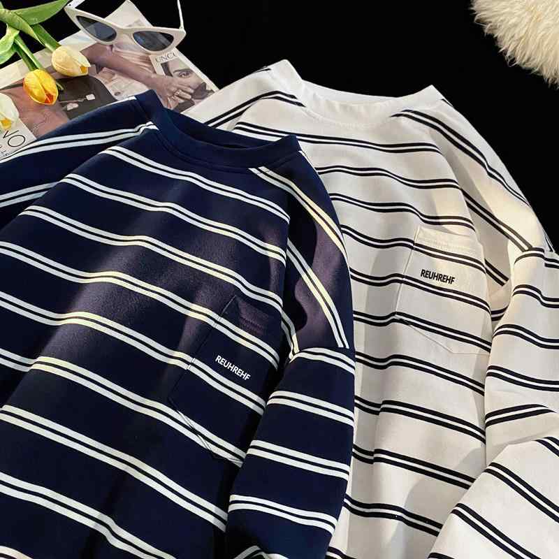 Tシャツ 男性用 春秋 リラックスフィット ストライプ クルーネック トレーナー カップル トップス 学生 カットソー インナー カジュアル