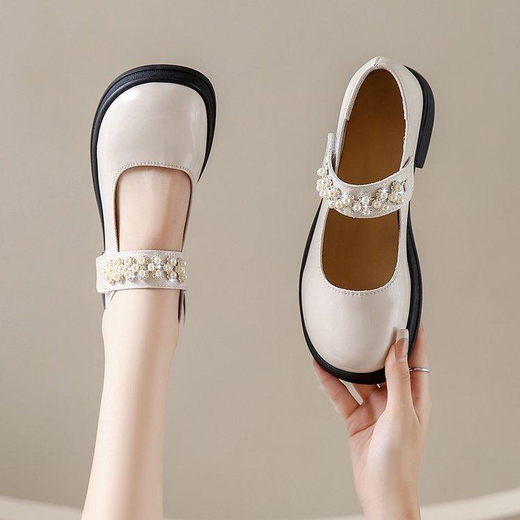 靴 レディース 厚底 マリージェーン かわいい JK風 法式 フラット ストラップ パール エナメル ローファー ラウンドトゥ 普段使い 歩きやすい 黒 白 春夏