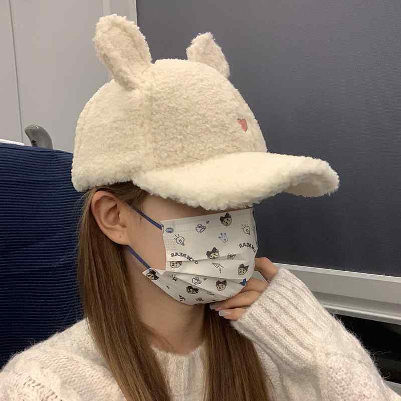 Rakuten - 帽子 レディース 秋冬 小顔効果 防寒 かわいい 暖かい 羊毛 ウサギ耳 野球帽 キャップ