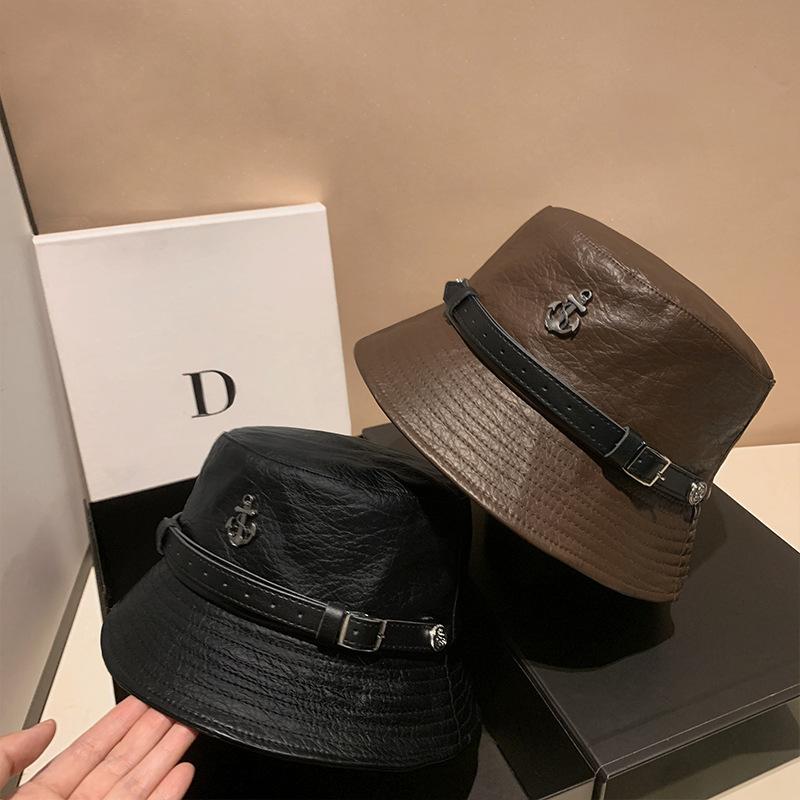 帽子 レディース 漁夫帽 バケットハット ミラード風 PUレザー 秋冬 防風 盆帽 ハット 皮扣 海錨マーク ファッション カジュアル かわいい おしゃれ2