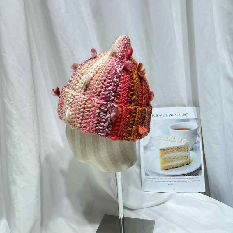 ニット帽 レディース 秋冬 日系 保温 防寒 耳あて 配色 毛糸 かわいい 小顔効果 ミルクティーカラー2