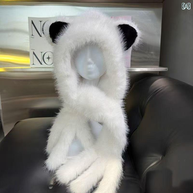帽子 レディース かわいい 小熊 フェイクファー スヌード 一体型 防寒 秋冬 アウトドア ネックウォーマー フード付き