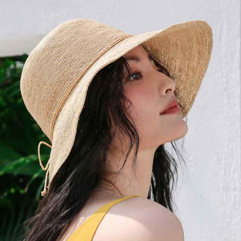 麦わら帽子 レディース 春夏 アウトドア 帽子 ラフィアハット 手編み 紫外線対策 UVカット 日よけ 丸い トップ 縁 反り上がり かわいい カジュアル2