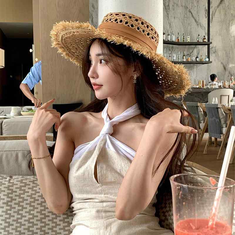 For Women - 麦わら帽子 レディース 麦わら帽子 夏 海辺 ビーチ 休暇 日焼け止め UVカット つば広 ハット 帽子 リゾート ラフィア草