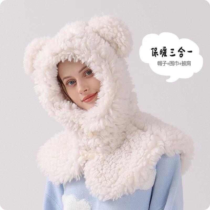 帽子 レディース かわいい クマ耳 フードウォーマー ネックウォーマー ショール 一体型 秋冬 防寒 ふわふわ もこもこ 自転車 小顔効果2