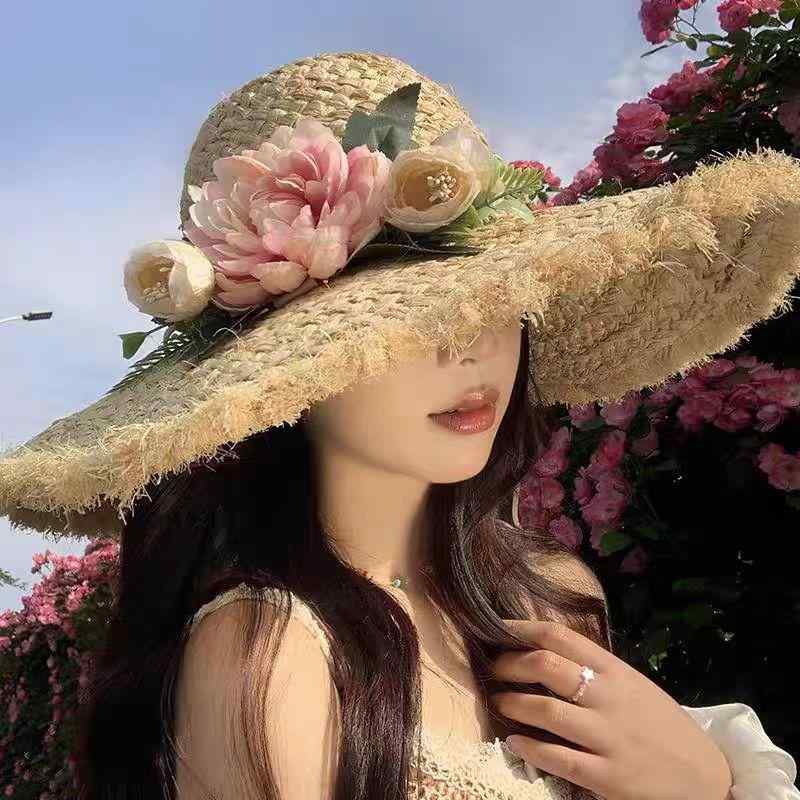 For Women - 麦わら帽子 レディース 春夏 花柄 大判 つば広 日焼け止め UVカット ビーチ 旅行 リゾート ハット2