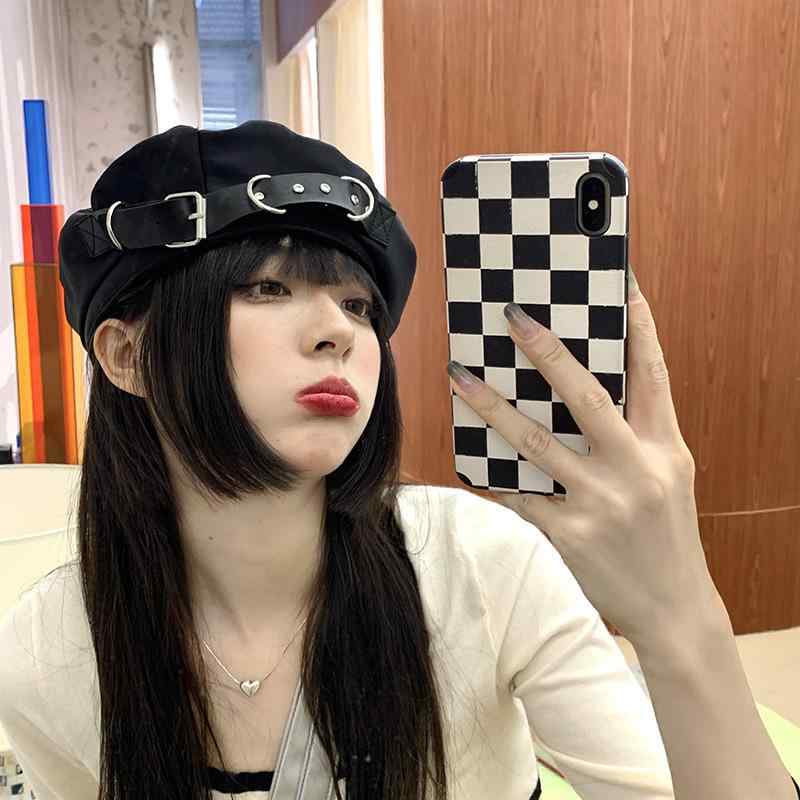 ベレー帽 レディース 春秋 夏用 韓国風 薄手 ブラック イングリッシュ レトロ 画家 帽子 メタル 皮革 切り替え 小顔効果