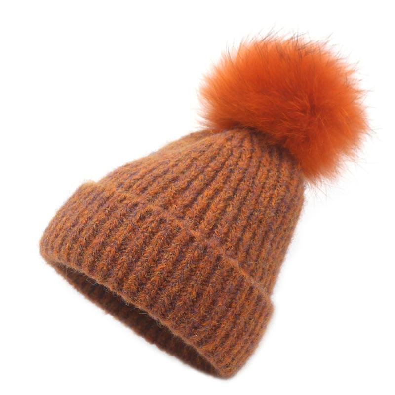 ニット帽 レディース 秋冬 毛糸 混色 染色 ポンポン付き ニット帽子 カラフル ラクーンファー 防寒 あったか かわいい2