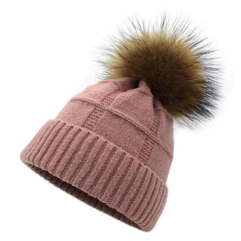 ニット帽 レディース 秋冬 薄手 ビーニー リアルファー ポンポン付き 帽子 無地 ウール 毛糸